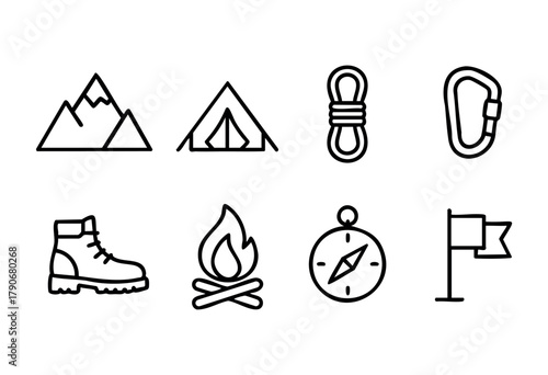 Backpacking enthusiasts will find a collection of outdoor gear that includes mountains, tents, ropes, and compass that are essential for a camping trip in nature.