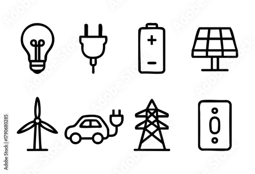 Collection of icons representing various energy sources such as solar, wind, and electric vehicles. Visuals emphasize the importance of sustainability and innovation in energy.