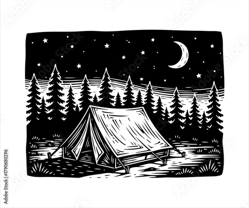A classic canvas tent pitched in a pine forest clearing under a starry night sky with a crescent moon.