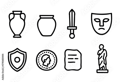 Various ancient artifacts are arranged in a grid, featuring vases, a sword, a mask, and a statue, showcasing the beauty of historical craftsmanship.