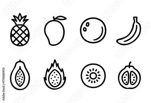 Colorful fruits are displayed in a simple graphic style, featuring a pineapple, mango, banana, and more. The design captures tropical beauty in playful line art.