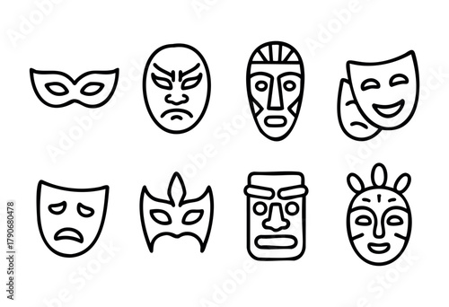 Different masks are illustrated in a simple line art style. They express a range of emotions and cultural designs, perfect for artistic inspiration and decoration.