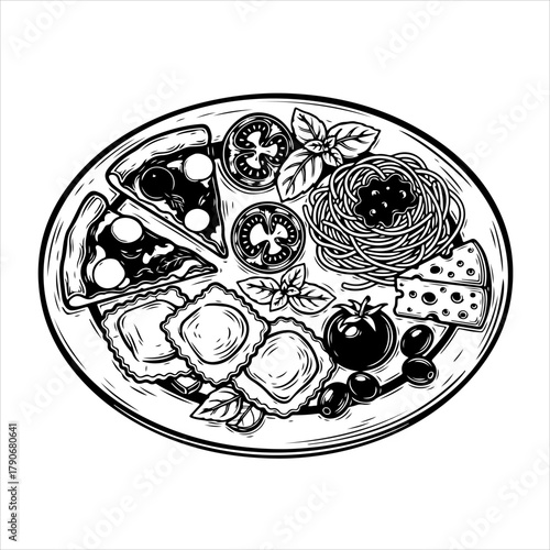 A detailed black and white illustration of a platter filled with classic Italian food like pizza, pasta, and ravioli.