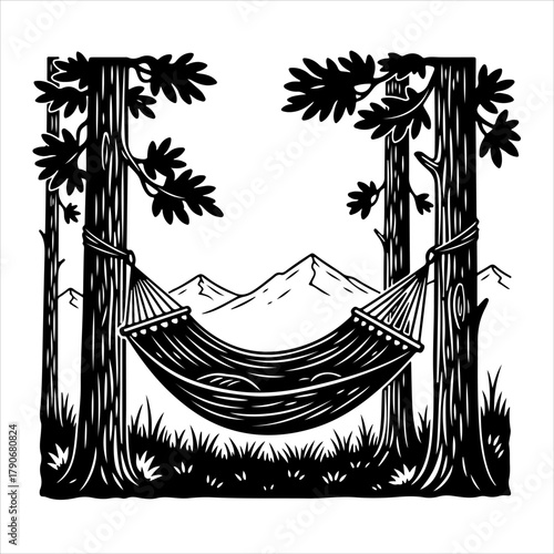 A black and white woodcut style illustration of a hammock strung between two trees with mountains in the background.