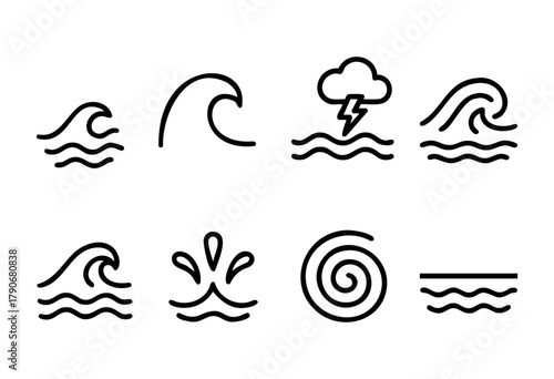 Set of black line art icons showing different types of ocean waves, weather symbols, and water patterns suitable for design projects, illustrating nature and weather themes.