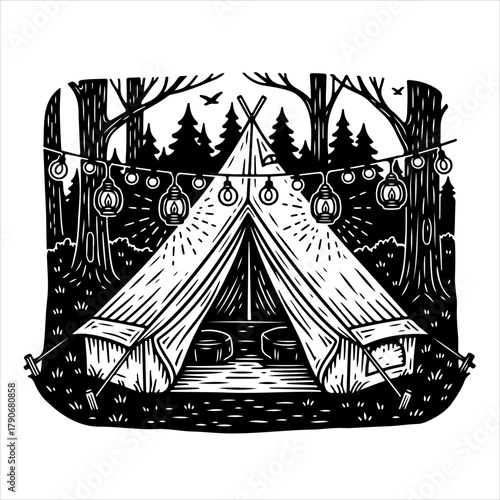 A charming glamping tent illuminated by string lights in a dense forest illustration.