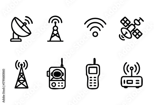 Illustration features a range of communication technologies, such as satellite dishes, wireless signals, and different types of phones, showcasing modern connectivity options.