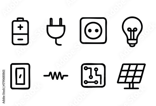 Various line drawings depict essential elements of electricity and energy. Icons include a battery, plug, socket, light bulb, circuit, and solar panel, illustrating energy concepts.