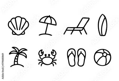 Collection of beach-themed icons, including a shell, umbrella, lounge chair, surfboard, palm tree, crab, flip flops, and beach ball, perfect for summer activities.