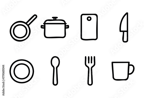 Various kitchen tools and utensils are illustrated in a minimalistic line art style. Items include a strainer, pot, cutting board, knife, plate, spoon, fork, and cup.