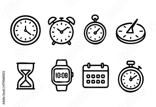 Various clocks and timekeeping devices are displayed in a simple black and white design. The collection includes wall clocks, alarm clocks, a stopwatch, and an hourglass.