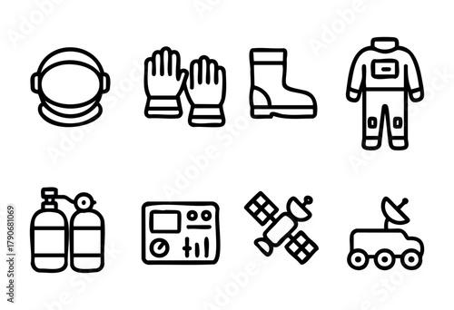 Various tools and gear used in space exploration are displayed, including helmets, gloves, boots, a spacesuit, fire extinguishers, a control panel, satellites, and a rover.