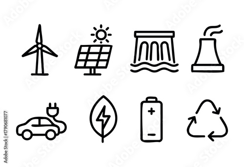 Illustration showcases diverse symbols for renewable energy, including wind turbines, solar panels, hydropower, and recycling items. These images highlight a focus on sustainability.