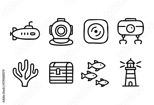 Various icons depict exploration tools for underwater adventures, including a submarine, diving gear, a treasure chest, fish, coral, and a lighthouse. Each element highlights marine exploration.