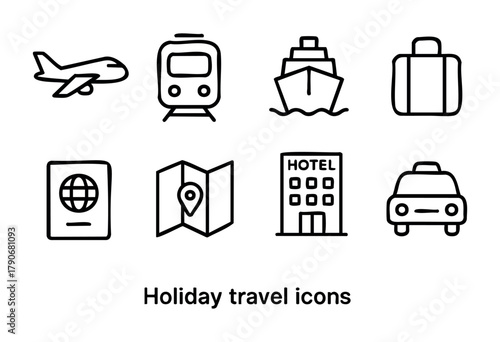 Various travel icons depict an airplane, train, ship, suitcase, passport, map, hotel, and taxi, representing essential elements of a holiday journey.