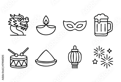 Various symbols of cultural celebrations include a dragon, lamps, festive masks, drums, and fireworks. These elements showcase vibrant traditions and joyous gatherings.