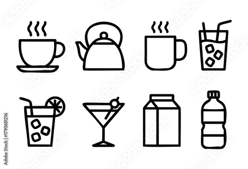 A collection of line drawings shows different drinks like steaming cups, a kettle, iced beverages, and a cocktail. The artwork highlights common drink options enjoyed any time.