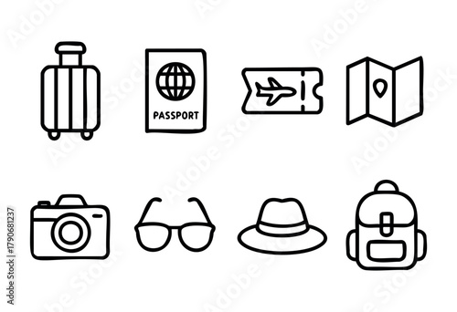 A collection of travel essentials includes a suitcase, passport, flight ticket, map, camera, sunglasses, hat, and backpack, all set for an upcoming journey and exciting experiences.
