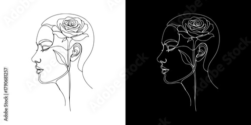 Minimalist line art of a woman with rose, International Women's Day, isolated vector image in line art style, two design options on transparent and black backgrounds
