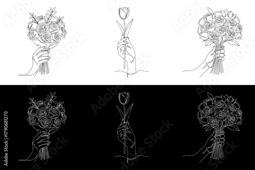 Hand holding bouquet of flowers with scissors in concept of International Women's Day seamless border, isolated vector image in line art style, two design options on transparent and black  
