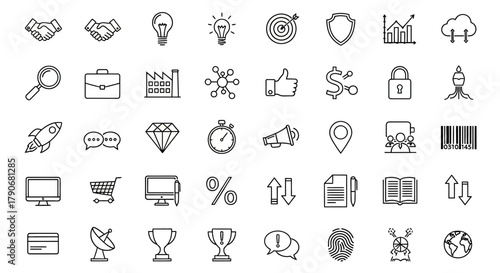 Business and Finance Outline Icons Collection: Technology, Marketing, Strategy, and Corporate Success Symbols