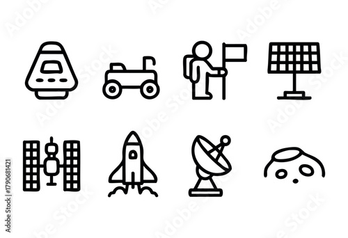 A range of space-related icons showcases technology including spacecraft, lunar rovers, satellites, and solar panels, symbolizing exploration and innovation in the field of science.