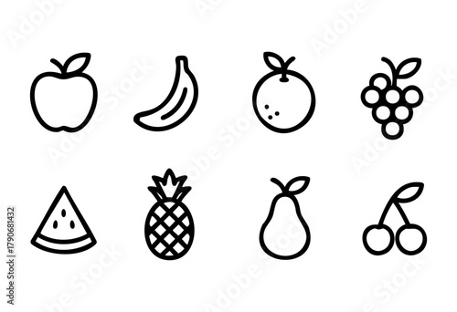 Grid displays minimalistic fruit icons featuring an apple, banana, orange, grapes, watermelon, pineapple, pear, and cherries, highlighting diverse types of fruit in a clean style.