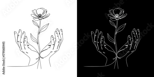 Hands holding a flower, Concept of International Women's Day, isolated vector image in line art style, two design options on transparent and black background