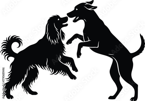 Dog silhouette, playful interaction, standing dogs, pet behavior, black figure, canine friendship, shaggy coat, short hair, animal pose, fun moment