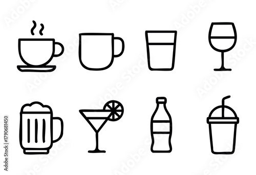 A collection of drink icons includes coffee, tea, beer, cocktails, and soda in minimalist line art style, showcasing popular beverage choices for casual settings.