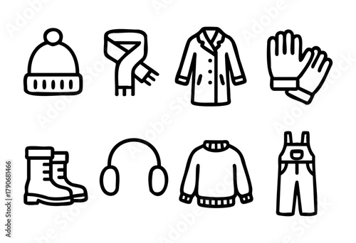 Various winter clothing essentials are arranged, showcasing a hat, scarf, coat, gloves, boots, ear muffs, sweater, and overalls for chilly weather.