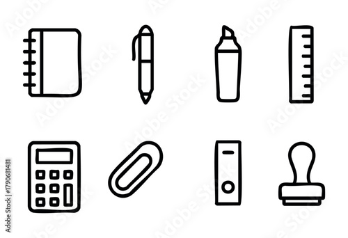 Various office supplies are shown in a simple grid layout, featuring a notebook, pen, highlighter, ruler, calculator, paper clip, folder, and stamp, perfect for organizing tasks.