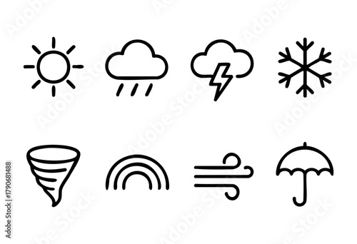 Various weather symbols are displayed, representing different conditions including sun, rain with lightning, snow, tornado, rainbow, wind, and umbrella. Each icon is clearly outlined and simple.