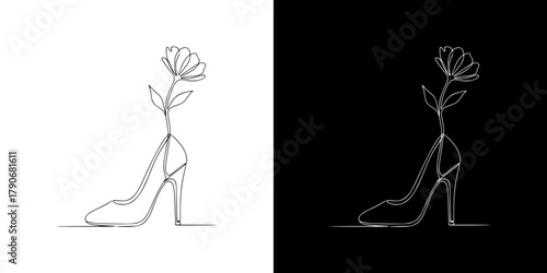 High-heeled shoe with flower, International Women's Day, isolated vector image in line art style, two design options on transparent and black backgrounds 