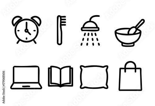 Icons representing a daily routine include an alarm clock, toothbrush, shower, bowl, laptop, book, pillow, and shopping bag, showcasing essential activities throughout the day.