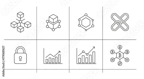 Outline Icons Set for Blockchain, Cryptocurrency, Finance, Data Network, and Security Concepts
