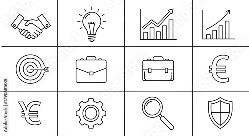 Set of 12 Black Line Icons Representing Business, Finance, Management, and Success Concepts.