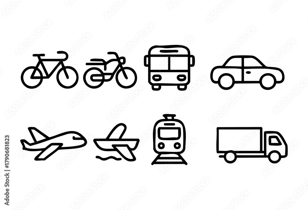 Fototapeta premium Simple drawings depict various modes of transportation such as bicycles, cars, buses, and airplanes, showcasing the diversity in travel options people can use daily.
