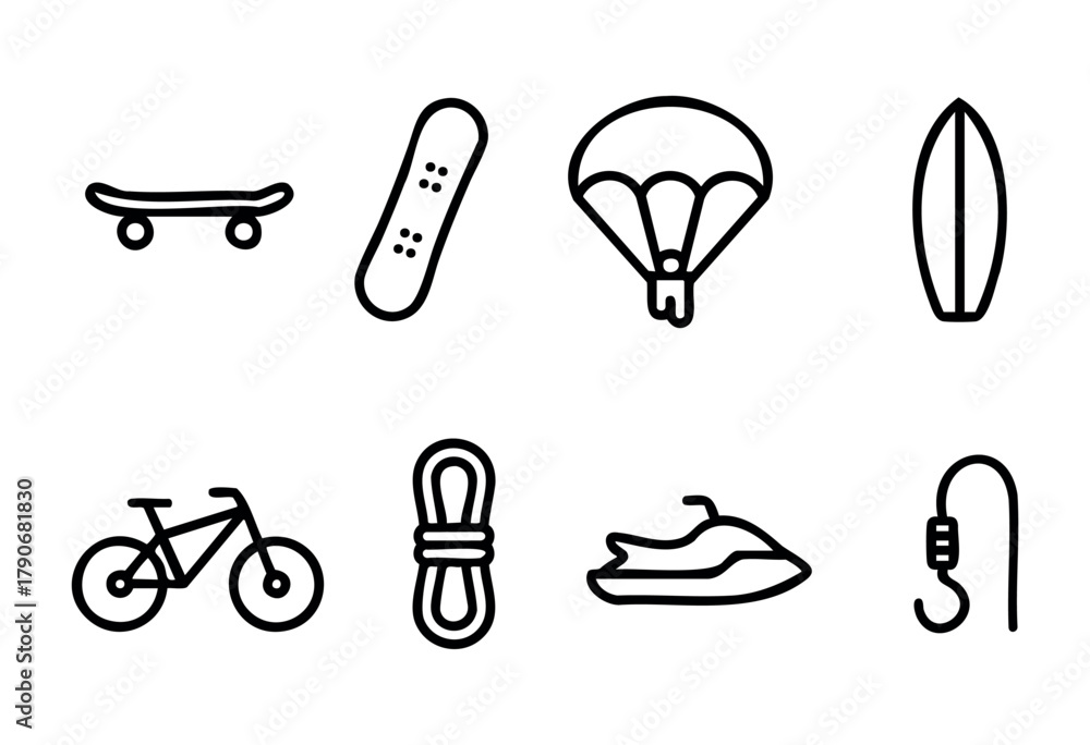 Fototapeta premium Different icons represent popular outdoor sports including skateboarding, surfing, cycling, and water activities. Each icon highlights unique equipment used for each sport.