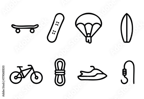 Different icons represent popular outdoor sports including skateboarding, surfing, cycling, and water activities. Each icon highlights unique equipment used for each sport.