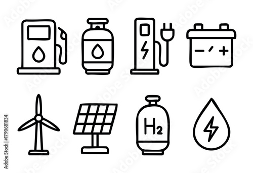 A collection of simple icons illustrates various energy sources and storage methods. It includes symbols for gasoline, propane, electricity, wind power, solar energy, hydrogen, and battery storage.