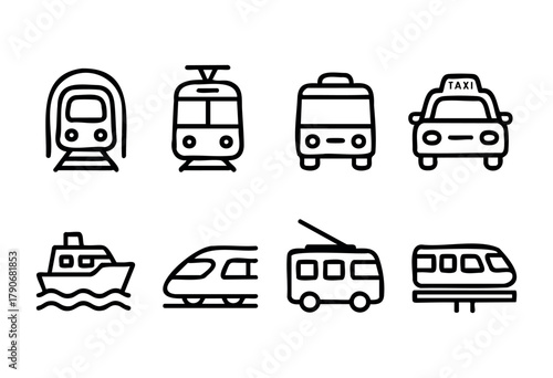 A collection of simple line drawings showcasing multiple transportation options. Featured are trains, trams, buses, taxis, and boats ideal for city travel and transit planning.