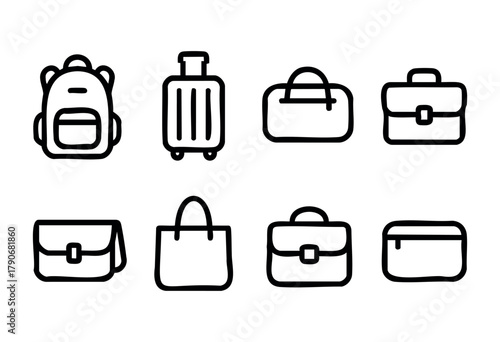 Collection of various bags and luggage shown in a minimalist line drawing style, featuring backpacks, suitcases, and briefcases for travel and everyday needs.