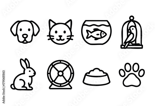 A collection of line-drawn icons features a dog, cat, fish in a bowl, bird in a cage, rabbit, hamster wheel, pet food bowl, and paw print, showcasing different types of pets.