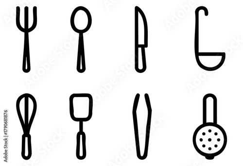 Different kitchen utensils are displayed in a neat grid, featuring a fork, spoon, knife, ladle, whisk, spatula, tweezers, and strainer. This collection illustrates essential cooking tools.