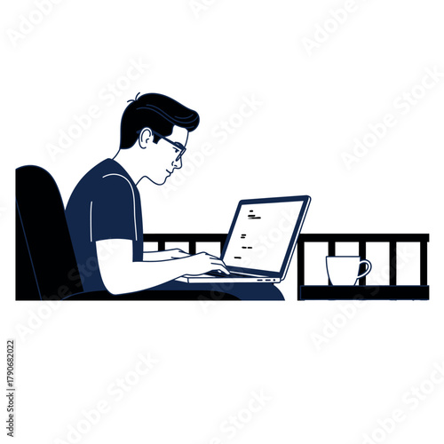 Focused young professional coding on laptop from home with coffee, creating innovative software solutions, embracing remote work lifestyle and digital transformation