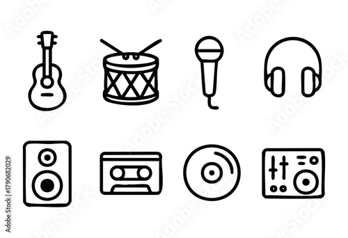 A collection of musical instruments and equipment, including a guitar, drum, microphone, headphones, speakers, cassette, vinyl record, and a DJ mixer, arranged thoughtfully.