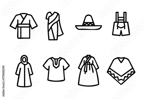 A collection of simple line drawings showcases various cultural clothing styles including robes, hats, and dresses, emphasizing diverse fashion across different regions.