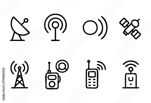 A range of communication symbols. It features satellite dishes, antennas, and devices that represent the technology behind wireless signals and communication.