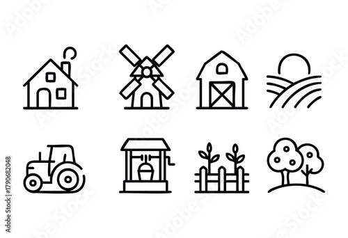 Line drawings capture various rural elements such as a house, windmill, barn, tractor, well, and trees, showcasing a peaceful countryside lifestyle and agriculture.